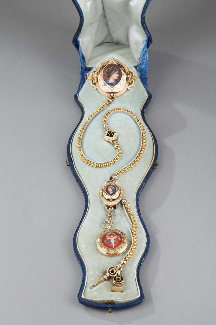 Gold enamel chatelaine with Frères Junod' watch